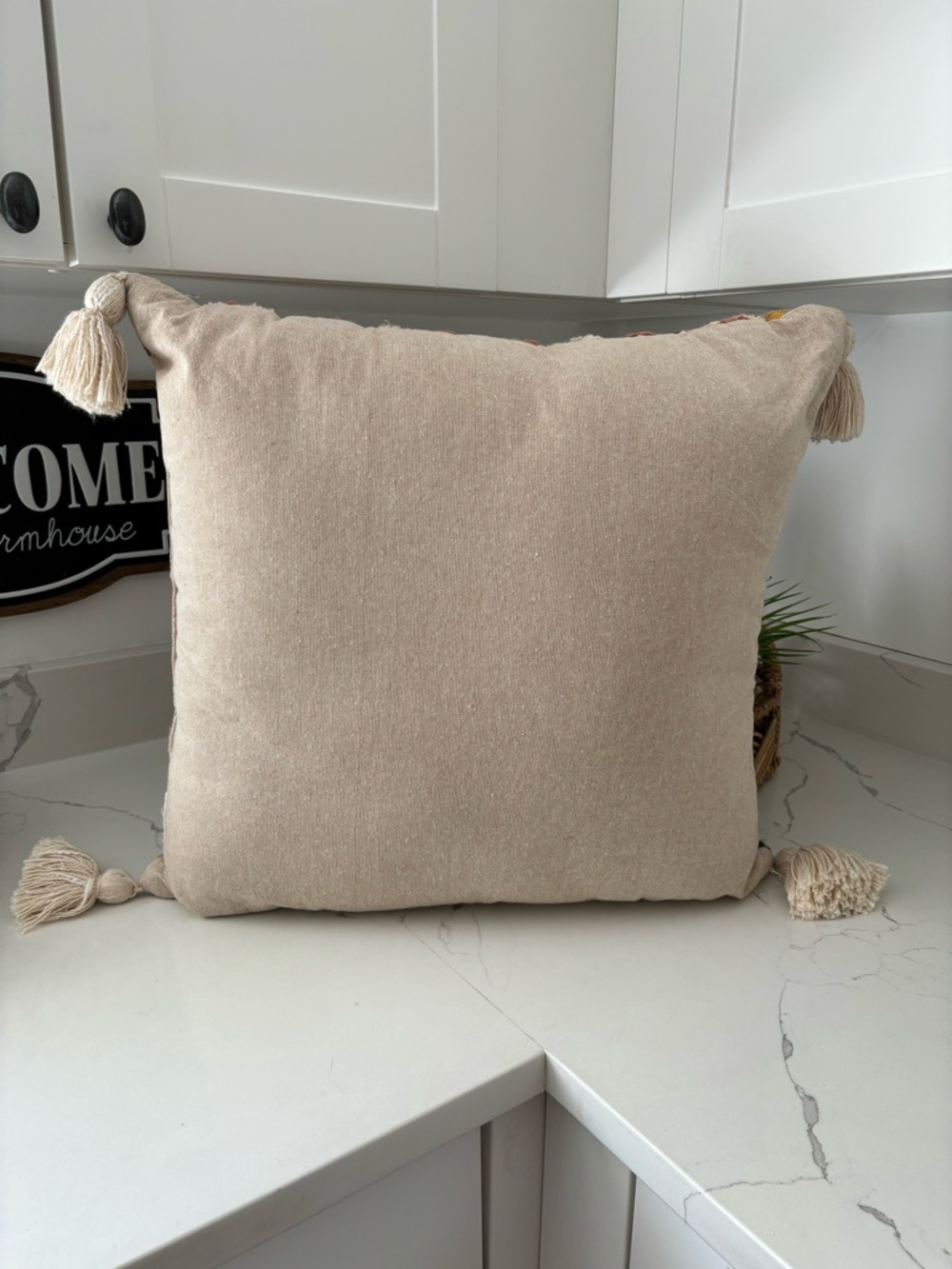 Bohemian Tassled Throw Pillow Mixed Textiles Cream Black Terra Cotta 19x19 Decor - Picture 6 of 12